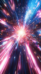 Naklejka premium Vivid cosmic nebula glowing with colorful stars and radiant light patterns in deep space. Abstract celestial background ideal for science, astronomy, space art, and futuristic digital designs.