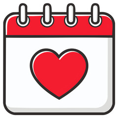 Stylized calendar icon displaying a prominent heart symbol evoking romance, date, valentine's day or important relationship milestone