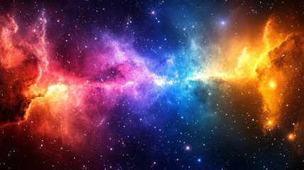Vivid cosmic nebula glowing with colorful stars and radiant light patterns in deep space. Abstract celestial background ideal for science, astronomy, space art, and futuristic digital designs.