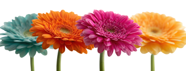 Vibrant gerbera daisies in teal, orange, pink, and peach