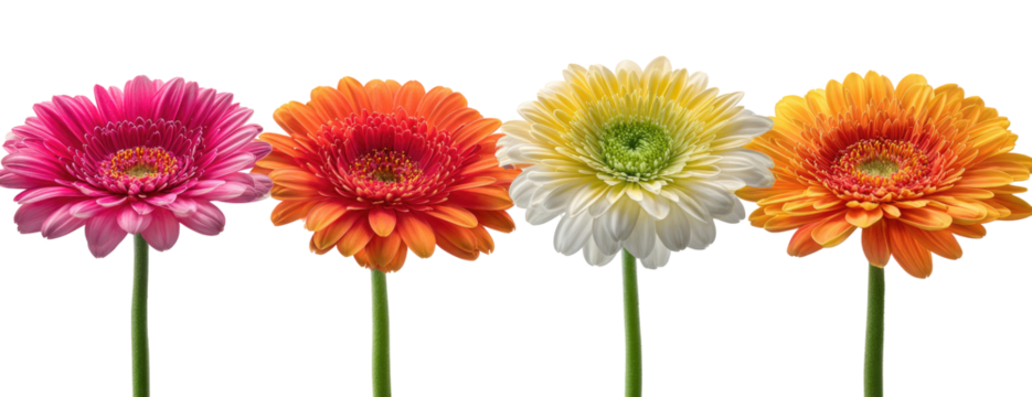 Four vibrant gerbera daisies in various shades of pink, orange, and white, set against a black background.  The flowers have detailed petals and green stems
