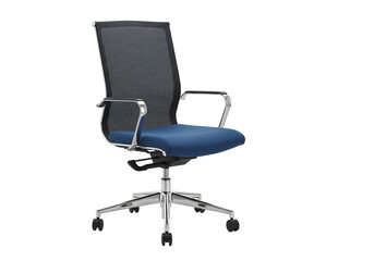 Modern office chair with mesh back and blue fabric seat transparent background