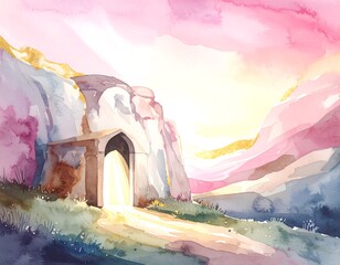 Watercolor landscape with archway