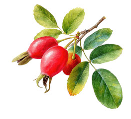 Watercolor illustration of three red rose hips on a branch with green leaves