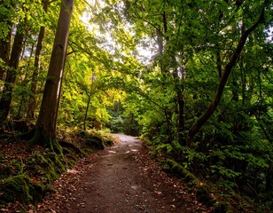 Fototapeta premium Sunlit path through autumnal forest