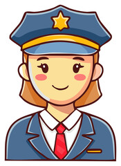 Smiling cartoon police officer portrait in a uniform with a hat and tie.