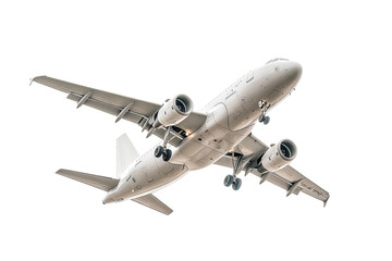 Fototapeta premium A light-beige commercial jet plane in flight. It's angled slightly upward, showing its wings and engines. The plane is detailed, appearing realistic