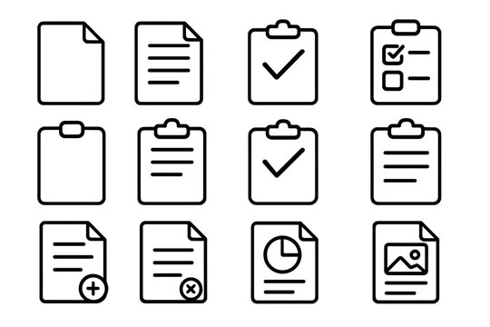 Document line icon set. Clipboard, checklist, and task management symbols. Vector file, report, and data icons for web and app interface design. Editable stroke business pictograms.