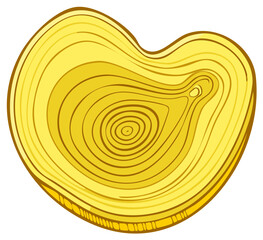 Fototapeta premium Golden heart-shaped wood slice with natural annual growth rings texture