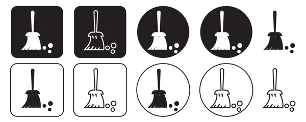 Cleaning Broom Icon Set with Dust Particles in Circle and Square Backgrounds