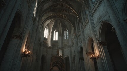 Fototapeta premium Grandeur Inside a Cathedral with Vaulted Arches and Light Streaming Windows