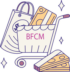 Smooth gradient cart, textured bag, layered translucent offer-level bars and thin 'BFCM' banner — close-up, high polish for hero artwork.