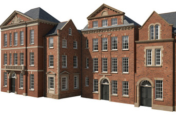 Fototapeta premium Three brick buildings architectural facade period design residential complex real estate urban structure