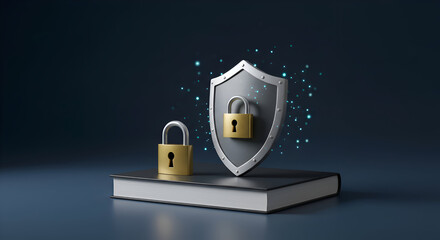 A 3D rendering of a gray shield with a golden padlock, both resting on a black book, is suitable for advertising or editorial purposes related to cybersecurity.