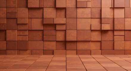 Rustic terracotta-colored modular wall and floor tiles with a geometric pattern. Empty room showcasing the architectural design.