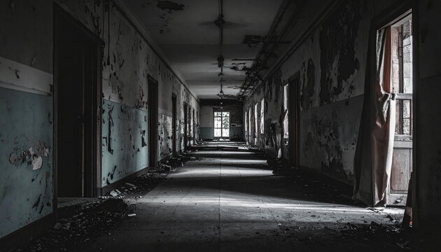 dark abandoned hospital hallway with eerie atmosphere