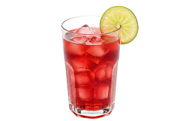 Red iced drink with lime and ice cubes isolated on transparent background