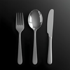 A set of polished silver cutlery, fork, spoon, and knife, laid out on a dark surface. Modern tableware set, presented on a black background for a professional restaurant or kitchen.