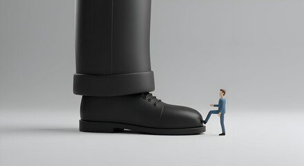 A male business professional in a blue suit attempting to kick a giant black shoe, illustrating a metaphor for overcoming a powerful force.