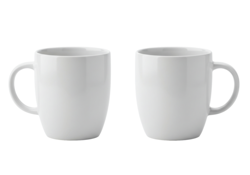Two white ceramic mugs on transparent background