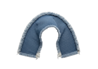 Meticulously detailed frayed medium blue denim hem with loose threads, perfectly arced semi-circular shape, on a pristine transparent background, top-down macro, ultra realistic study of textile