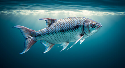 Fantasy goldfish with butterfly wings swimming underwater