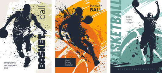 Set of posters dedicated to basketball in Grunge silhouette style