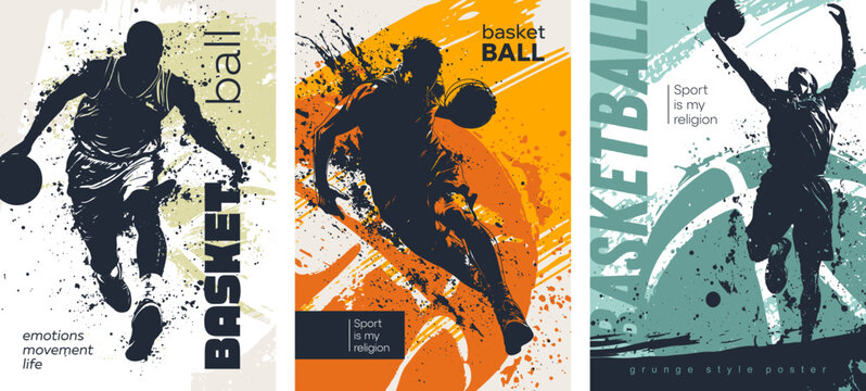 Set of posters dedicated to basketball in Grunge silhouette style