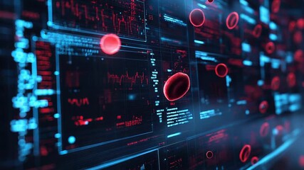 Digital display showing medical scan of red blood cells with data analysis - Powered by Adobe