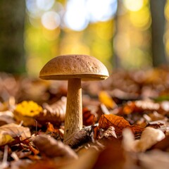 Mushroom in autumn leaves
