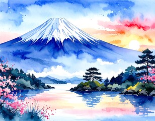 Watercolor mountain landscape with cherry blossoms