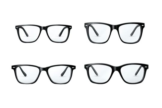 Four pairs of black eyeglasses, various styles, displayed on a black background