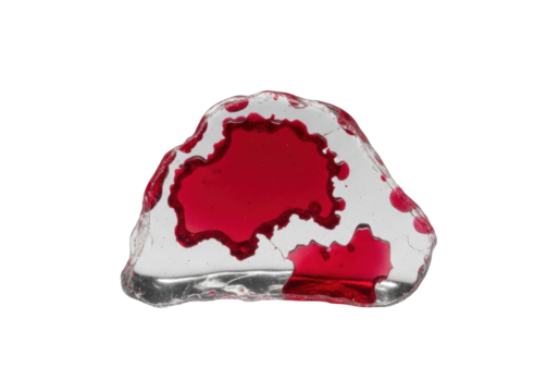 Irregular ruby-red flash glass fragment with clear worn patches on seamless transparent studio background, perfectly even lighting, UHD still life, high contrast, concept of material elegance and