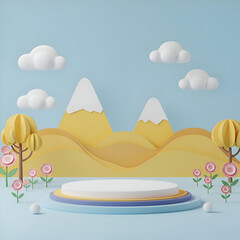 Childrens' landscape product display podium with pastel colors. Empty, circular display podium with mountains, clouds, and flowers in a cartoon landscape setting.