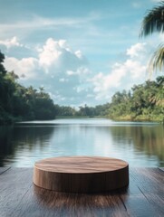 flawless visual of Small wooden podium to place product or brand Blurred Amazon river in the background
