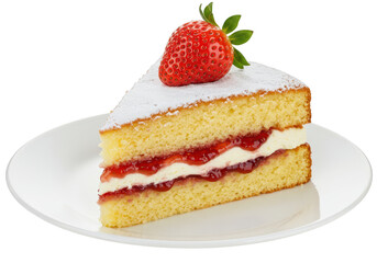 Slice of victoria sponge cake with strawberry and cream isolated on transparent background