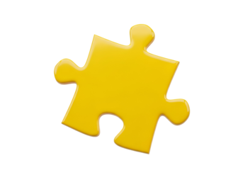 A bright, vibrant yellow puzzle piece stands out against a stark black background.