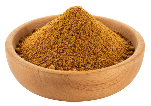 Pile of curry powder in a wooden bowl isolated on transparent background