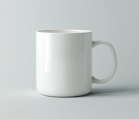 Obraz premium A plain white mug sits centered against a light gray background. It's cylindrical, with a slightly rounded base and a simple handle. The mug is smooth and glossy