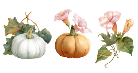 Watercolor pumpkins and flowers