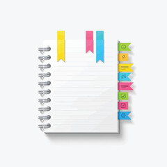 Spiral-bound notebook with colorful sticky note tabs and bookmarks for organization.
