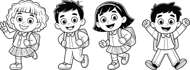 Cartoon children walking to school, happy kids with backpacks, back to school concept, diverse students, cute children, educational, learning fun