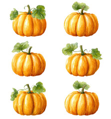 Six vibrant orange pumpkins, each with green leaves and stems, arranged in a grid pattern