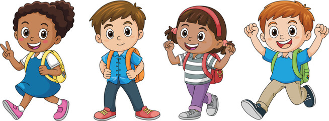 Cartoon children walking to school, happy kids with backpacks, back to school concept, diverse students, cute children, educational, learning fun