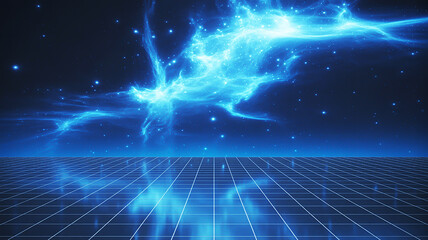 Vibrant blue energy nebula illuminates a futuristic grid landscape in an abstract digital realm, conceptual science fiction backdrop