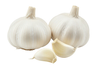 Two bulbs of garlic and three cloves isolated on transparent background