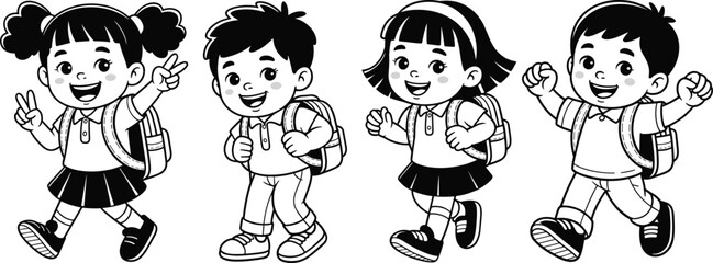 Cartoon children walking to school, happy kids with backpacks, back to school concept, diverse students, cute children, educational, learning fun