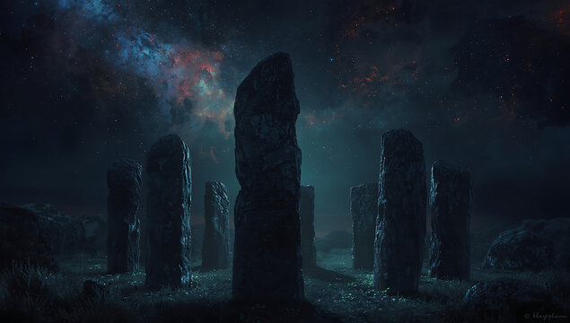 Mysterious Night Stones Fantasy Landscape (AI Generated)