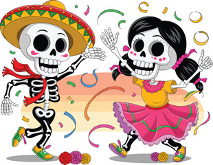 Day of the Dead dancing skeletons, festive Mexican celebration, colorful cartoon characters, Dia de los Muertos, traditional costume vector