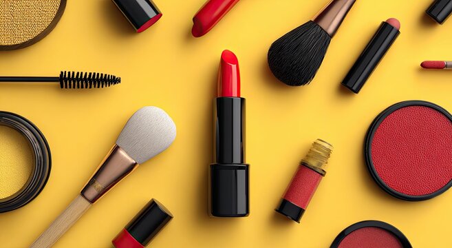 Flat lay of assorted makeup products on a vibrant yellow background.  Red lipsticks, brushes, mascara, and compact powder are artfully arranged.  Sophisticated and modern aesthetic - Powered by Adobe